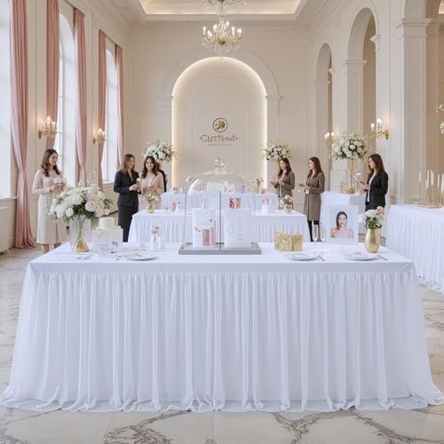 familus 8ft White Spandex Fitted Tablecloth with Tulle Table Skirt - 2-in-1 Structured Tutu Table Cover for Weddings, Trade Shows, Banquets & Sweetheart Tables - Image 2