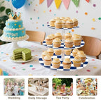 J JOYSAY Chess Checkerboard Blue White Print Acrylic Cupcake Stand 3 Tier Dessert Table Display Set Clear Cake Stands for Baby Shower Party Wedding Decorations Easy Assembly Macaron Tower - Image 7