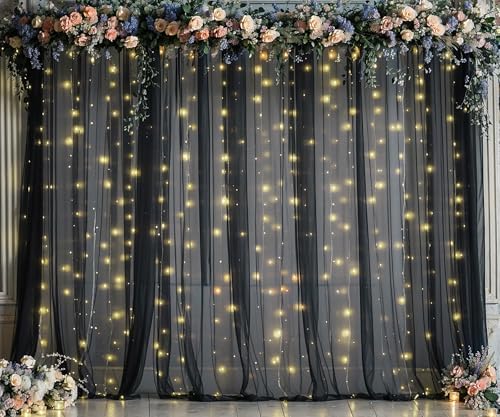 20ft x 10ft Black Tulle Photo Backdrop Curtain with Lights String for Parties Sheer Black Curtain Backdrop for Birthday Party Baby Shower Wedding Photo Booth Photography Background Decorations by Suppromo