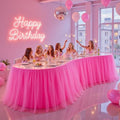 14FT Long Hot Pink Tulle Table Skirt for Rectangle Round Tables 3-Layer Ruffle Desk Teacher Skirt for Back to School Supplies Princess Girls Birthday Party Cake Dessert Classroom Dorm Decor by Partisky
