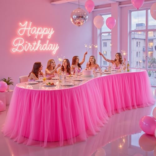 14FT Long Hot Pink Tulle Table Skirt for Rectangle Round Tables 3-Layer Ruffle Desk Teacher Skirt for Back to School Supplies Princess Girls Birthday Party Cake Dessert Classroom Dorm Decor by Partisky