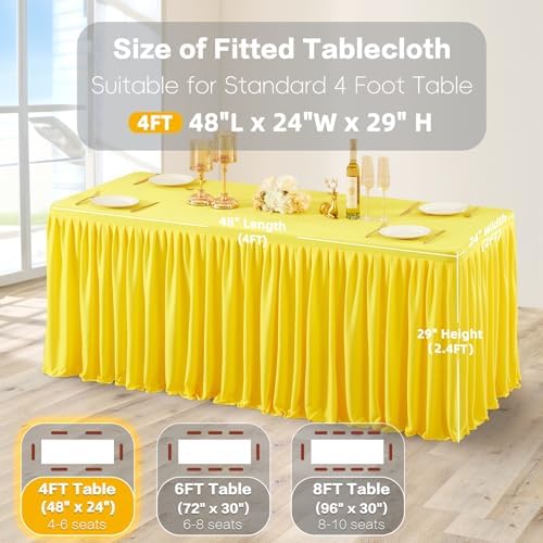 Wish Care Yellow Polyester Table Clothes for 4 Foot Rectangle Tables, Wrinkle Free Fitted Table Cover with Pleated Ruffle Table Skirt for Birthday Party Wedding Trade Show Event Display - Image 4