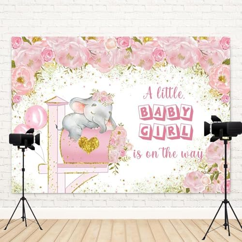 12x8ft Elephant Baby Shower Backdrop A Little Baby Girl is On The Way Photography Background Pink Floral Balloon Mailbox Baby Girls Party Banner Decorations Newborn Portrait Photo Booth Prop - Image 4