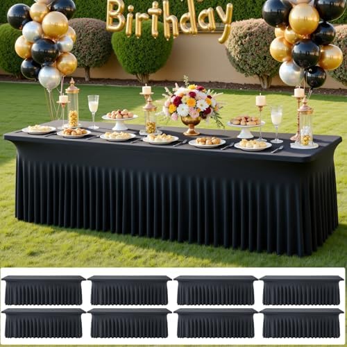 8 pk Black Spandex Tablecloth 8ft with Ruffled Skirt,Wrinkle Free High Stretch Fitted Tablecloths for 8 Foot Rectangle Tables,Pleated Elastic Spandex Table Covers 6ft for Parties Wedding Banquet by ENJOYYOURPARTY