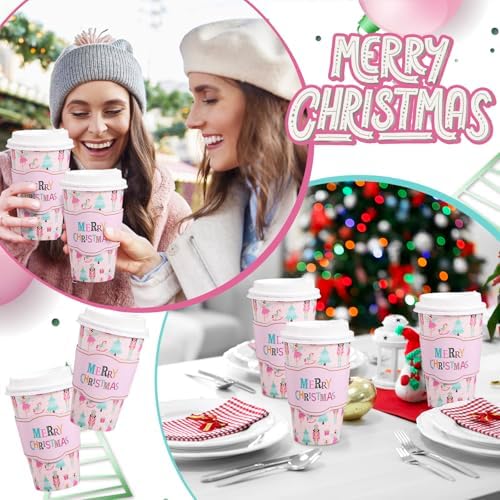 Whaline 50Pcs Merry Christmas Disposable Coffee Cups with Lids and Sleeves Pastel Pink Nutcracker Paper Drinking Cup for Xmas Birthday Party Supplies - Image 7