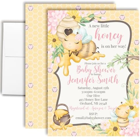Amanda Creation Custom Honey Bee Baby Shower Invitations for Girls, Personalized Bumble Bee Invites, 20 Pack 5x7 Cards with White Envelopes by AmandaCreation