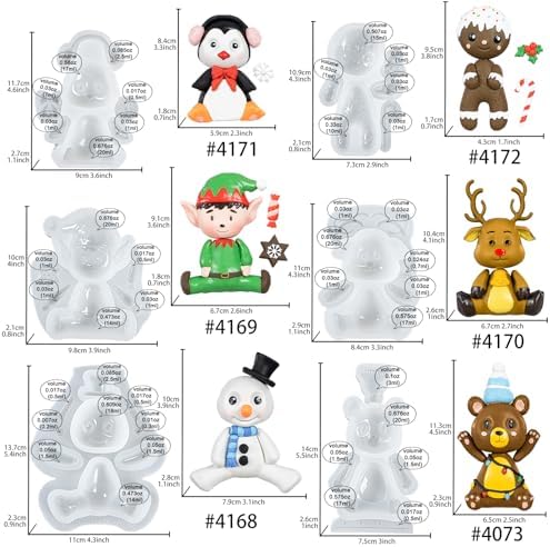 FUNSHOWCASE Christmas Silicone Molds Penguin Reindeer Snowman Gingerbread Man Santa Elf Bear Height 3-4inch for Fondant Cake Decoration Cupcake Topper Epoxy Resin Casting Polymer Clay Craft - Image 2