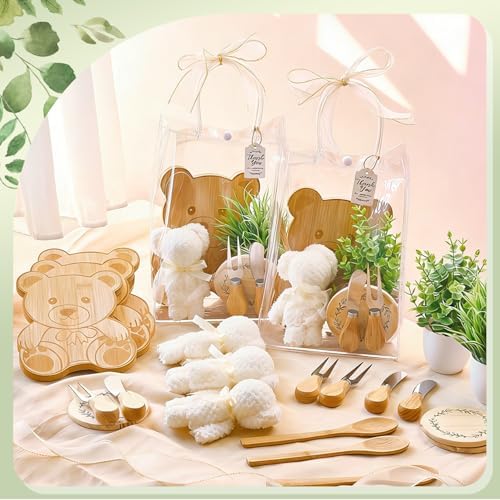 56Pcs Baby Shower Prizes for Game Winners Bamboo Cheese Board Fork Butter Spreaders Coasters Towel Artificial Potted Plant Gift Bag for Baby Shower Bridal Shower Favors (6 Sets, Bamboo Bear Shaped) - Image 2