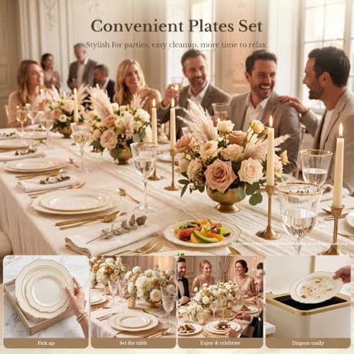 realluck 200Pcs Ivory and Gold Plastic Plates Scalloped Plates - Image 2