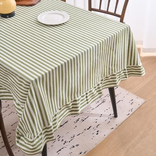 vctops Farmhouse Sage Green Stripe Ruffle Table Cloth, Boho Cotton Linen Tablecloth, Washable Table Cover for Rectangle Table Baby Shower Kitchen Party Wedding Decor (Green B,55"x78") - Image 5
