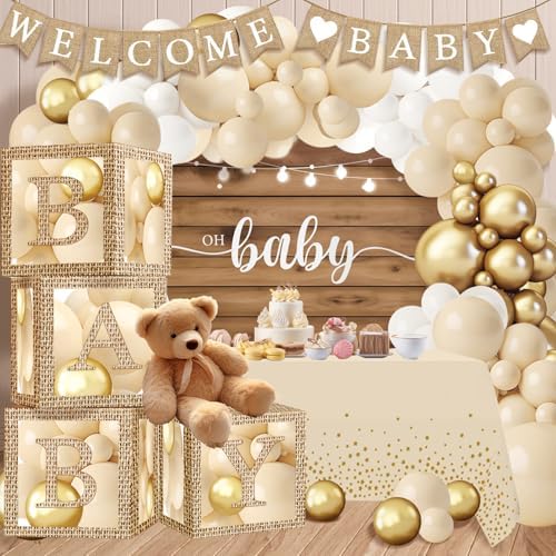 Boho Baby Shower Decorations - BOHO Balloon Garland Arch Kit, Rustic Farmhouse Style Transparent Baby Boxes with Letters, Welcome Baby Banner, Backdrop Tablecloth for Gender Reveal - Image 3
