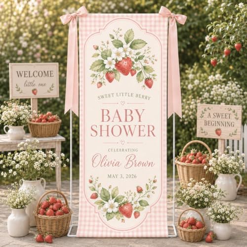 Sweet Little Berry Pink Gingham Baby Shower Welcome Banner by Custom