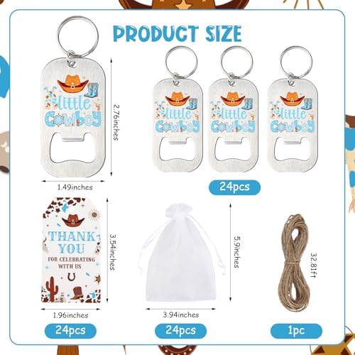 24 Sets Cowboy Bottle Openers Baby Shower Party Favors, Little Cowboy Bottle Openers Keychains Thank You Tags Organza Bags for Western Cowboy Last Rodeo Baby Shower Favors Guest Gifts - Image 6