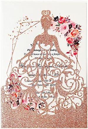 5.12 x7.28 inch 50PCS Personalized Rose Gold Glitter Quinceanera Invitations Laser Cut Hollow Princess Pocket with Envelopes Invitations for Quinceanera Bridal Shower Invite by KUCHYNEE