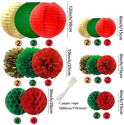 WOLHOWLTD Gold Green Red Christmas Decoration Set - 36Pcs Paper Lanterns, Pompoms, Honeycomb for Wedding,Christmas,School Day,Bridal Shower,Scary Birthday Party Classroom,Home Decoration - Image 2