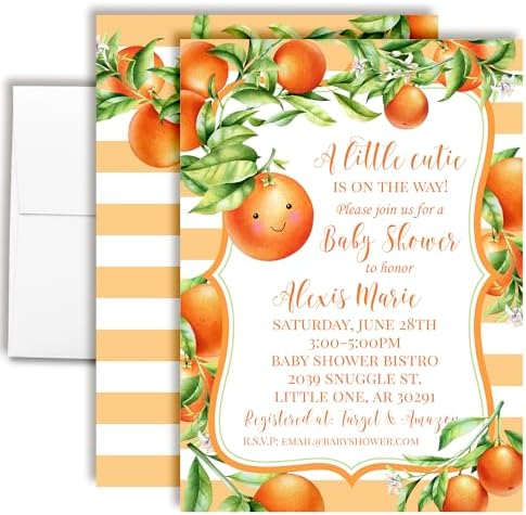 Amanda Creation Little Cutie Personalized Baby Shower Invitations, Little Cutie Baby Shower Invitations, 20 Personalized 5x7 Double-Sided Cards with White Envelopes, Made in USA by AmandaCreation