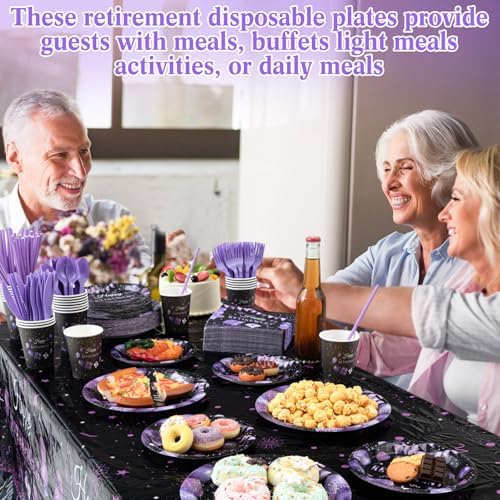 Funnymoom 452 Pcs Retirement Party Decorations Supplies Set Include Purple and Black Retirement Paper Plates Napkins Cups Tablecloth Cutlery Straws for Men Women Say Goodbye Party - Image 5