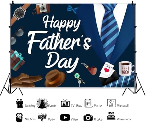 15x8ft Blue Fathers Day Backdrop Suit Tie Fathers Day Photo Backdrop Love Best Dad Ever Father's Day Decorations Background Family Prom Newborn Party Birthday Party Banner Photo Booth - Image 3