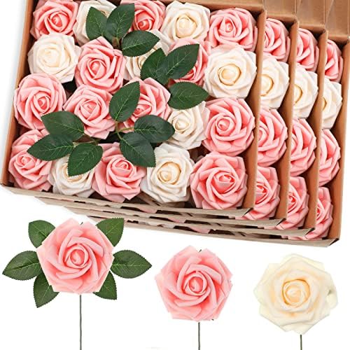 100 Pcs Artificial Rose Flowers, Pink, Champagne by Luinabio