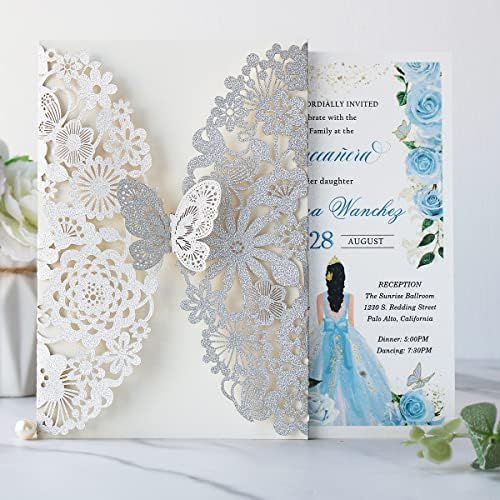 Hosmsua 5.12 x 7.3 50PCS Personalized Silver Laser Cut Butterfly Quinceanera Invitation Cards Hollow Lace Flora Butterfly Invitations for Quinceañera Wedding invitations (Silver Glitter) - Image 4