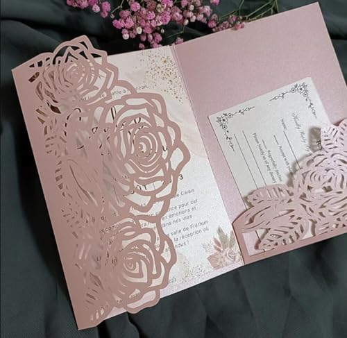 50sets Green Laser Cut Wedding Invitations Card Rose Greeting Cards Envelopes Invitation for Wedding Birthday Baby Graduation Party Supplies (Whole sets, Pink) - Image 2