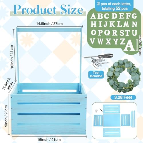 Barydat Wooden Baby Shower Crate Basket with Handle, Blue - Image 4