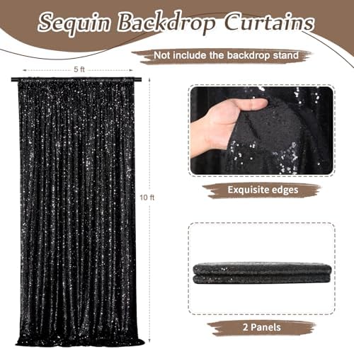 Black Backdrop Curtains 2 Pcs 5FTx10FT Sequin Party Curtains Seamless Background for Parties Halloween Decoration - Image 2