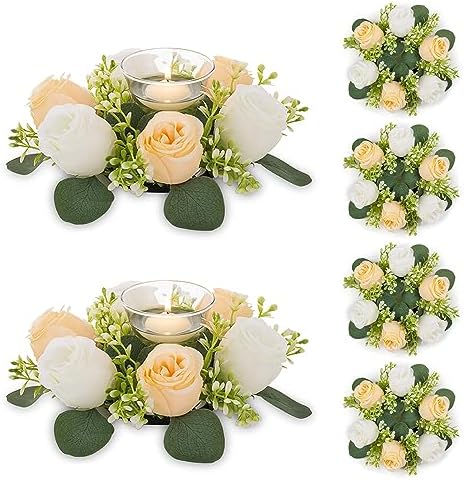 NUPTIO Small Flower Rings for Centerpieces: 9.05 Inch Champagne & White Candle Wreath for Wedding Party Christmas Table Decorations - Spring Summer Front Door Porch Decor 6 Pcs by Nuptio