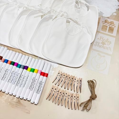 Baby Shower Bib Decorating Kit, 93 Pcs DIY Party Game with 22 White Bibs, 24 Markers, 25 Stencils, Gender Reveal Activity (wood grain) - Image 3