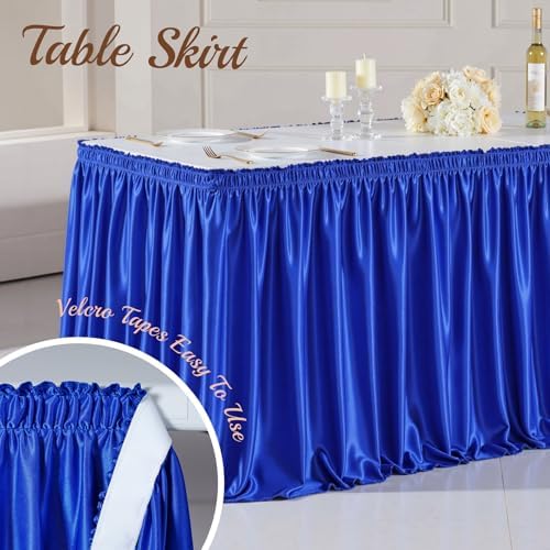 17ft Length Royal Blue Satin Table Skirt for Rectangle Tables, Wrinkle Resistant Pleated Ruffle Table Cloth Glitter Desk Skirting for Weddings Banquet Birthday Party Stage Decorations - Image 4