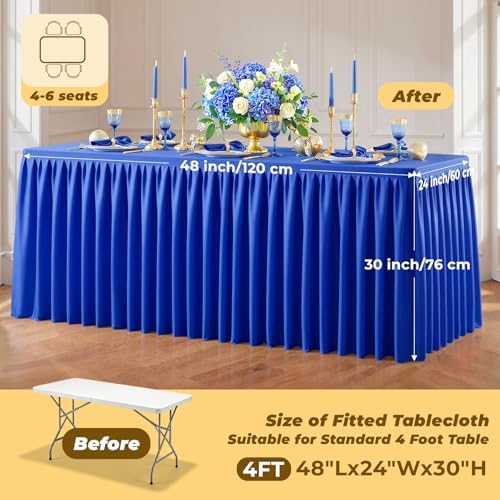 Royal Blue Polyester Table Cloths for Rectangle 4 Foot Tables, 2 Pack Wrinkle Free Tablecloths Stretchy Banquet Ruffle Fitted Table Cover Desk Skirt for Parties Wedding Birthday Baby Shower - Image 5