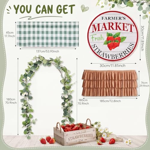 5 Pcs Farmer Market Strawberry Stand Decorations Fresh off the Market Bridal Shower Baby Shower Birthday Party Setup Decor Table Skirt Daisy Vine Banner Gingham Valance Metal Sign Photo Prop 73 x 30'' - Image 2