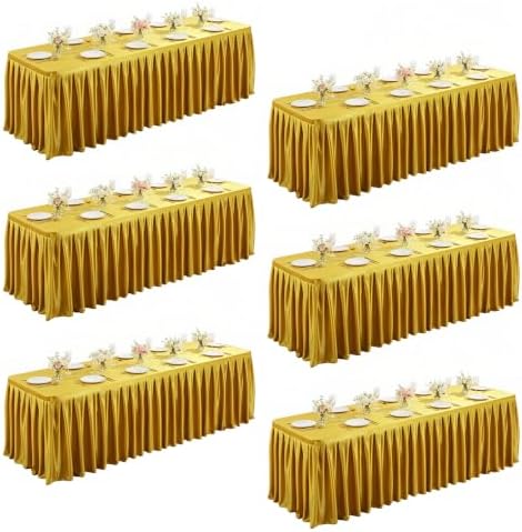 6 Packs Gold Satin Tablecloths Rectangle 8FT, Glitter Spandex Fitted Stretch Table Covers Wrinkle-Free Floor Length Shimmer Table Skirt for Weddings Parties Baby Shower Banquets Vendor Events by Partisky