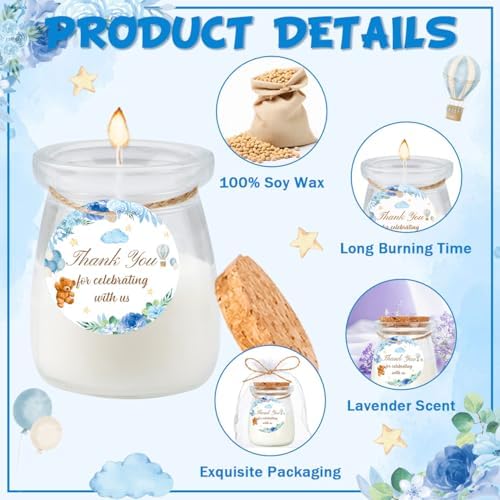 24Pcs Baby Shower Candle Party Favors Lavender Scented Glass Jars Wax Candle Bulk with Thank You Cards Organza Bags for Guests Boy Girl Birthday Gender Reveal Gift Souvenirs (Blue Bear, 24) - Image 3