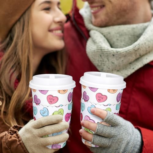 Whaline 50 Pcs Valentine's Day Disposable Coffee Cups with Lids and Sleeves Colorful Conversation Heart Paper Drinking Cups for Wedding Anniversary Party Supplies - Image 5