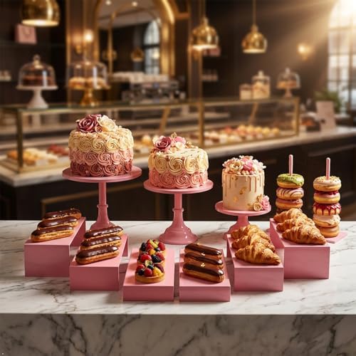 Pink 11Pcs Metal Dessert Display Set Round Cake Stand Riser Platter by CBBZJY