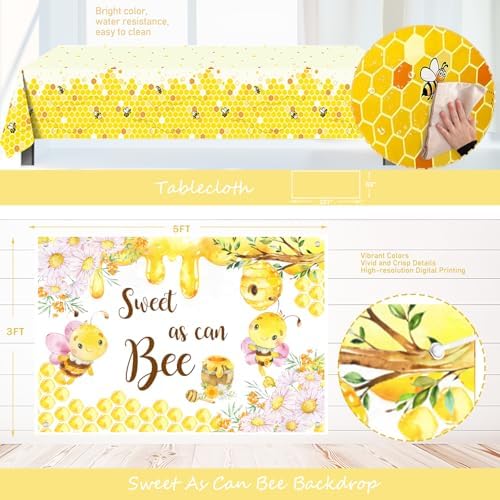 Bee Baby Shower Decorations for Girl – 126PCs Honey Bee Themed Party Supplies Set with Sweet as can Bee Backdrop, Pink Yellow Balloon Garland Kit, Tablecloth, Sash, Badges - Image 5