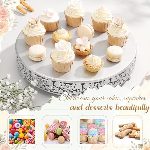 Wenqik 14 Inch Silver Cake Stand Set Metal Round Cupcake Dessert Stand with Cake Cutting, Flower Spatula Wedding Cupcake Pastry Display Candy Holder Display for Wedding Party Birthday Baby Shower - Image 5