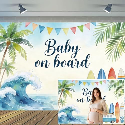 10x7ft Baby On Board Theme Backdrop Summer Beach for Baby Shower Party Decorations Banner Summer Beach Backdrops for Photography Background Newborn Birthday Cake Table Photo Props - Image 2