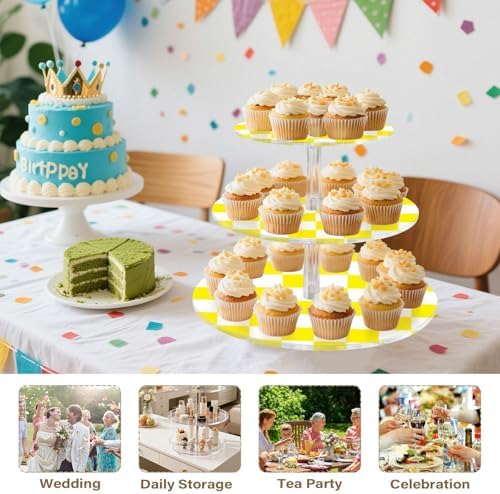 J JOYSAY Chess Checkerboard Yellow White Print Acrylic Cupcake Stand 3 Tier Dessert Table Display Set Clear Cake Stands for Wedding Baby Shower Party Decorations Easy Assembly Pastry Tower - Image 7