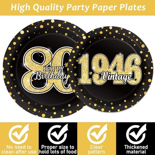 200PCS 80th Theme Birthday Party Tableware Vintage 1946 Party Supplies 80 year old Birthday Party Decorations Plates Napkins Forks Black and Gold Dinnerware Favors for Men or Women - Image 3