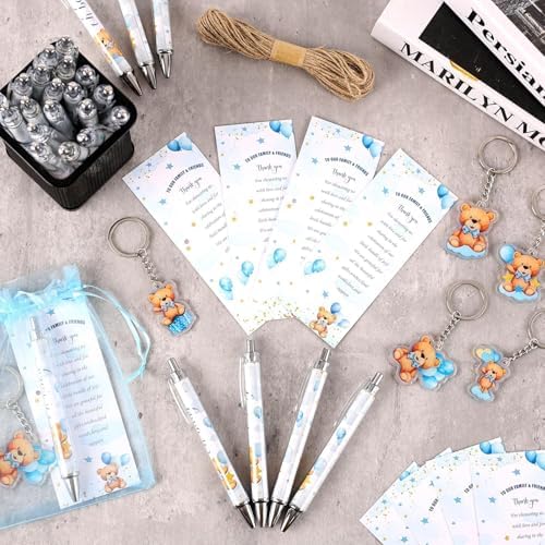 145 Pieces Baby Shower Favors for Guest Blue Teddy Bear Ballpoint Pens and Keychains Gifts for Boys Bulk Retractable Baby Shower Pens Gender Reveal Thank You Cards Souvenirs Prizes Party Favors - Image 4