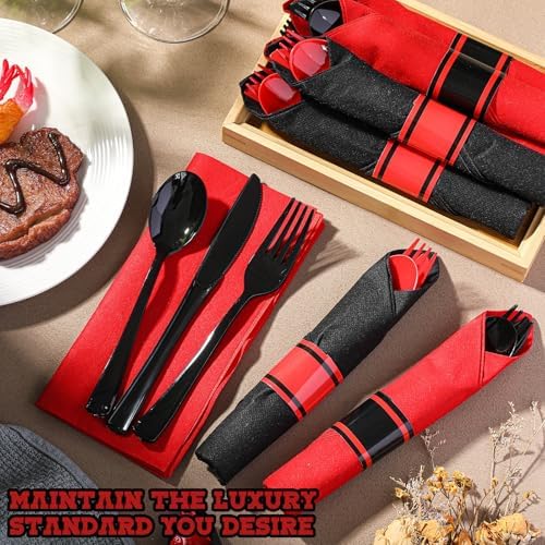 Lasnten 100 Set Pre Halloween Pre Rolled Silverware, Black Red Disposable - Image 4