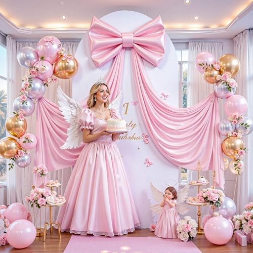 Giant Pink Bow for Backdrop 80x24 Inches Large Satin Ribbon Bow Wall Decor for Wedding Birthday Baby Shower Party Photo Booth, Washable Reusable Big Bow for Nursery Bedroom Door Hanging Decoration - Image 2