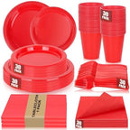 Red Plastic Party Plates Set 30 Guest Disposable Red Party Supplies by UseOnceDoneRight