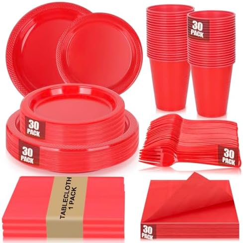 Red Plastic Party Plates Set 30 Guest Disposable Red Party Supplies by UseOnceDoneRight