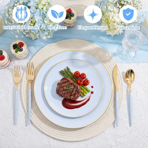 DaYammi 150Pcs Blue Plastic Plates with Gold Rim,Disposable Blue Party Plates Include 30 Dinner Plate,30 Salad Plate,30 Forks,30 Knives,30 Spoons,Fancy Disposable Platos for Party,Wedding,Baby Shower - Image 4