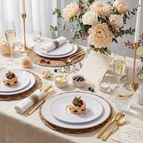KIRE 200PCS Gold Plastic Plates - Disposable Plates for Party - White Plastic Plates with Gold Rim Include 100 for Dinner and 100 for Dessert/Salad in Wedding/Party/Summer - Image 2