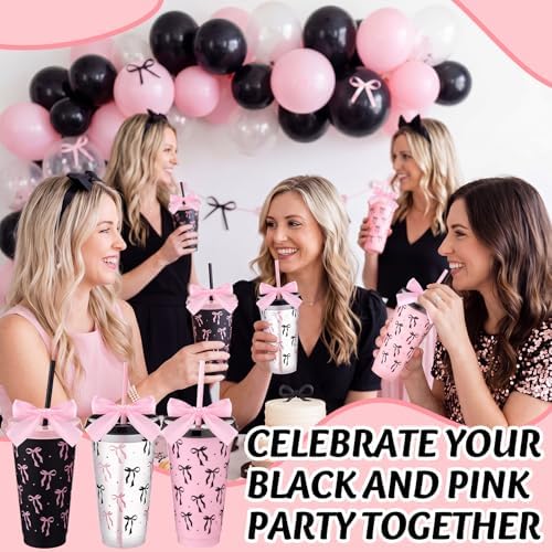 Skylety 24 Pcs Black and Pink Bow Plastic Cups with Lid Straw and Ribbon - Image 5