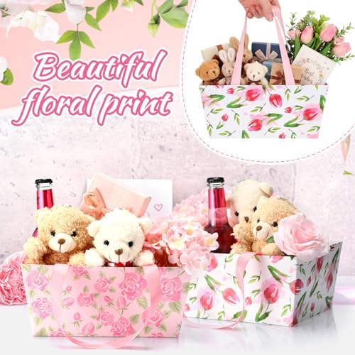 Funnymoom 24 Pcs Mother's Day Basket for Gifts Empty Vintage Floral Tulip Gift Basket Empty to Fill with Handle, Transparent Bag and Bow for Best Mom Gift Flower Tea Party Supplies, 9.8 x 6.5 x 4.3'' - Image 2